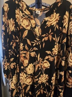 Sew In Love Navey Blue Tunic Top with Golden Floral Print